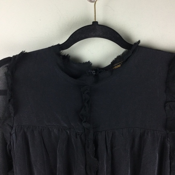 Vivienne Midow 100% Silk Ruffle Raw Trim Sheer Sleeve Black Mini Dress Size 2 - Picture 4 of 12